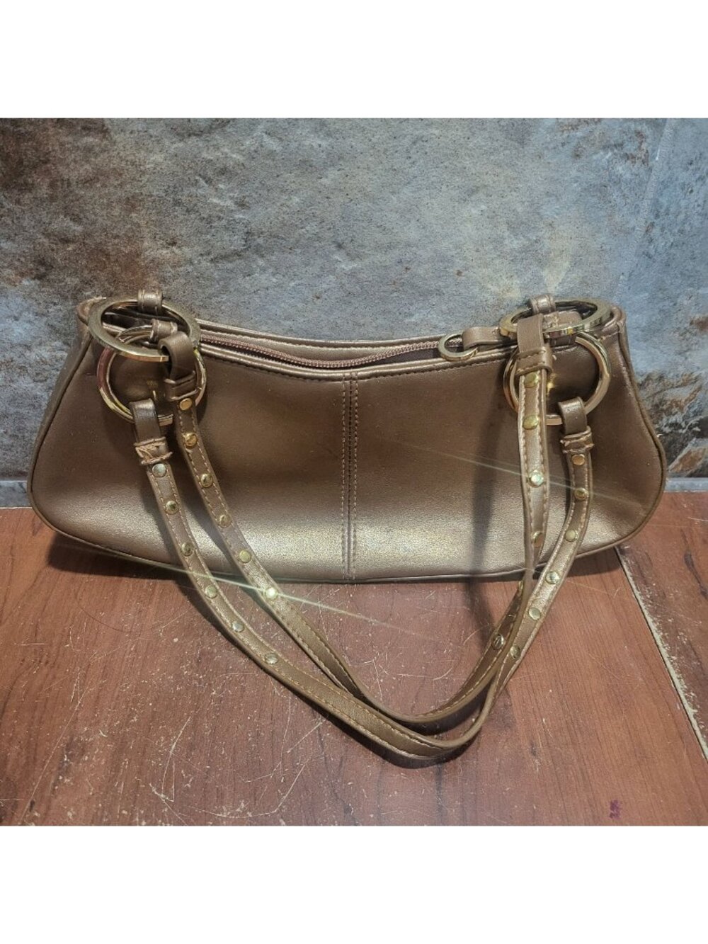 Shoulder Handbag Metallic Bronze Gold Color Studded Straps